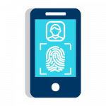 Control Biométrico Ilustración que ejemplifica el Control Biométrico, muestra un teléfono inteligente con una foto y un lector de huella en pantalla.