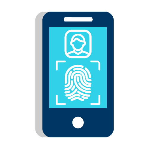 Control Biométrico Ilustración que ejemplifica el Control Biométrico, muestra un teléfono inteligente con una foto y un lector de huella en pantalla.