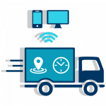 GPS Integrado a la ejecución Ilustración que ejemplifica el GPS Integrado a la ejecución, muestra un camión que envía datos como posición y horario a dispositivos remotos.