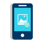 Control de ejecución Ilustración que ejemplifica el Control de ruta de recolección, muestra un smartphone con el icono de Fotografía y un icono de Correcto.