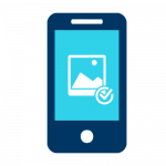 Control de ejecución Ilustración que ejemplifica el Control de ruta de recolección, muestra un smartphone con el icono de Fotografía y un icono de Correcto.