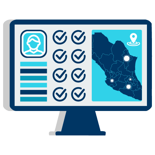Control de ruta de recolección Ilustración que ejemplifica el Control de ruta de recolección, muestra un monitor con datos como Mapa, Lista de ubicaciones y Checador de rutas.